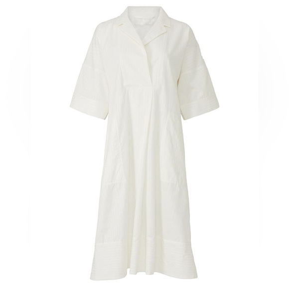 CLUB MONACO Cotton Silk Textured Stripe Short Sleeve V-Neck Midi Shirt Dress M - Picture 6 of 6